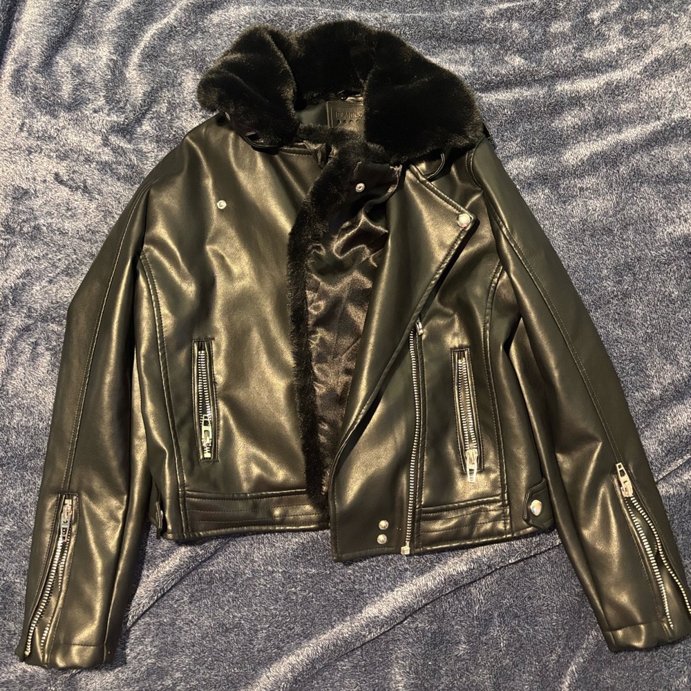 Blank NYC Black Leather Jacket with Faux Fur Collar